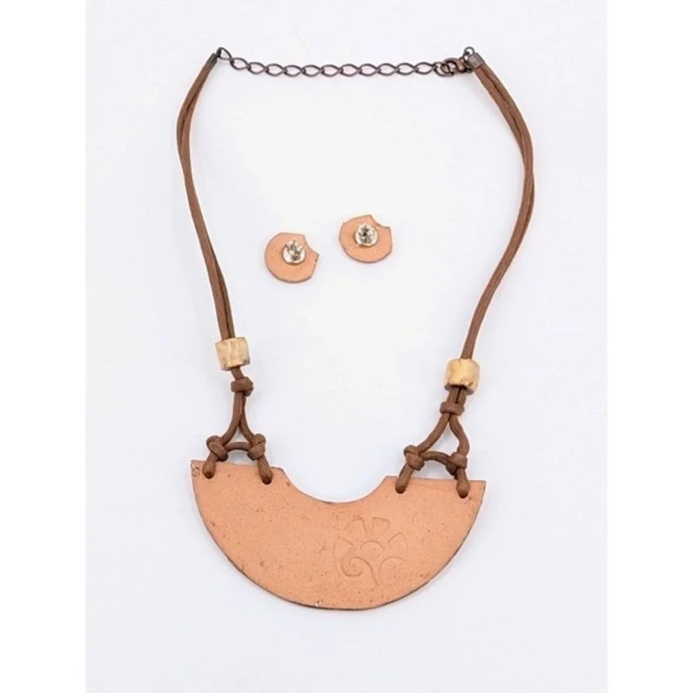 VTG Peru Handmade Ceramic Studio Art Pottery Bib Necklace Earrings Set Brutalist